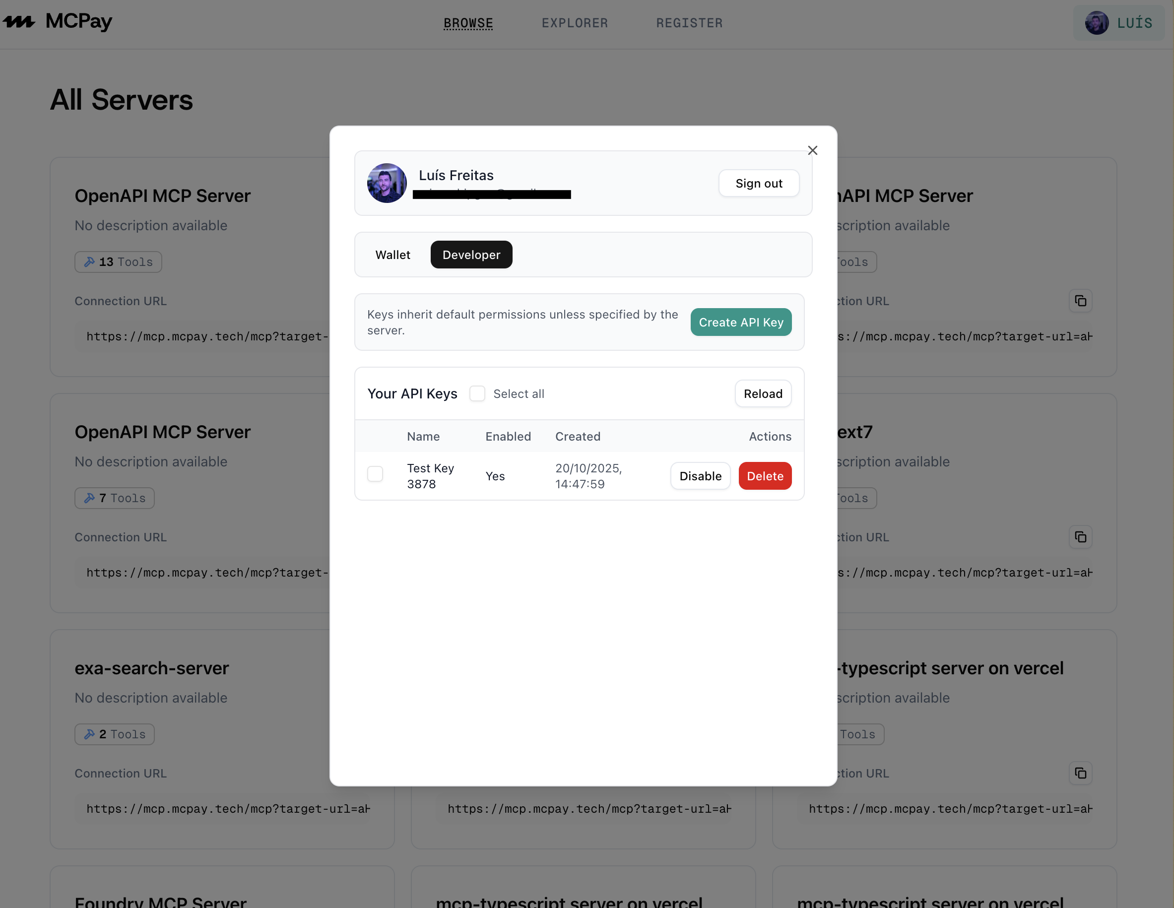Account modal API keys